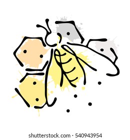 Vector illustration of insect Bee with honeycombs isolated on the white background Hand drawn contour lines and strokes Doodle style, graphic vector illustration..