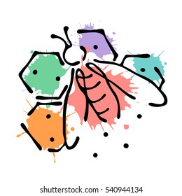 Vector illustration of insect Bee with honeycombs isolated on the white background Hand drawn contour lines and strokes Doodle style, graphic vector illustration..