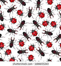 Vector illustration with insect beetles. Seamless pattern isolated on white background. Texture for print, banner, textile, wrapping paper. Ladybug,  beetle deer