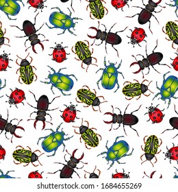 Vector illustration with insect beetles. Seamless pattern isolated on white background. Texture for print, banner, textile, wrapping paper. Ladybug, beetle deer, green beetle, calligrapha serpentina