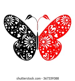 Vector illustration of insect, black and red decorative butterfly, isolated on the white background