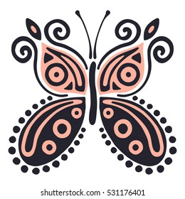 Vector illustration of insect. Butterfly isolated on the white background. Hand drawn decorative vector logo, icon, sign. Graphic vector illustration. 
