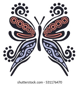 Vector illustration of insect. Butterfly isolated on the white background. Hand drawn decorative vector logo, icon, sign. Graphic vector illustration. 