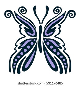 Vector illustration of insect. Butterfly isolated on the white background. Hand drawn decorative vector logo, icon, sign. Graphic vector illustration. 