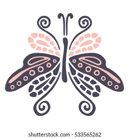 Vector illustration of insect. Butterfly isolated on the white background. Hand drawn decorative vector logo, icon, sign. Graphic vector illustration.. 