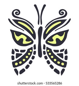 Vector illustration of insect. Butterfly isolated on the white background. Hand drawn decorative vector logo, icon, sign. Graphic vector illustration.. 