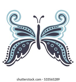 Vector illustration of insect. Butterfly isolated on the white background. Hand drawn decorative vector logo, icon, sign. Graphic vector illustration..