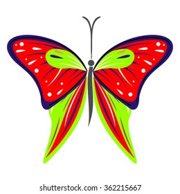 Vector illustration of insect, colorful red and green butterfly, isolated on the white background