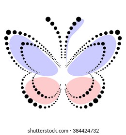 Vector illustration of insect, decorative butterfly with dots in blue and pink colors, isolated on the white background