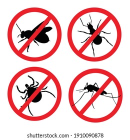 Signo de prohibición de insectos de ilustración vectorial. Mite, mosquito, abeja y hormiga