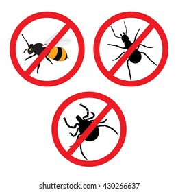 Vector illustration insect prohibition sign. Mite, bee and ant