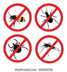 Vector illustration insect prohibition sign. Mite, mosquito, bee and ant