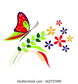Vector illustration of insect, red butterfly, flowers and branches with leaves, isolated on the white background