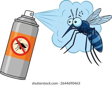 Ilustração vetorial de um spray repelente de insetos pode emitir névoa azul em direção a um mosquito assustado sobre um fundo branco. A lata possui um símbolo de não-mosquito e é inclinada da esquerda para a direita