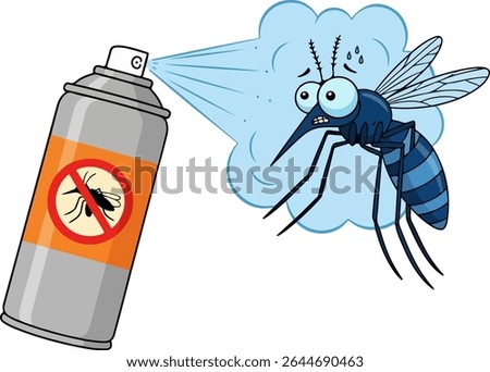 Vector illustration of an insect repellent spray can emitting blue mist toward a startled mosquito on a white background. The can features a no-mosquito symbol and is angled left to right