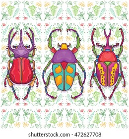 Vector Illustration of Insects Colorful Hand Drawn. Set of 3 Beetle Bugs Top View on Endless leaf Background
