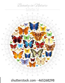 Vector illustration of insects icons set. Abstract modern concept with mandala ornament and natural symbols - atlas moth, peacock, admiral, swallowtail butterflies. Template animal collection