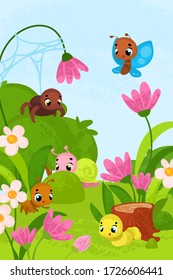 Ilustración vectorial con insectos. Naturaleza, flores e insectos. Ilustraciones vectoriales para libros infantiles.
