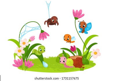 Vector illustration with insects. Nature, flowers and insects. Vector illustrations for children books.