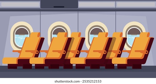 Vector illustration inside the airplane cabin.Cartoon scene of a beautiful interior of an airplane with seats, portholes with a view of the sky. An airplane for transporting passengers and luggage.
