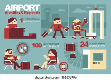 Vector Illustration Inside The Airport, Activities and Elements.