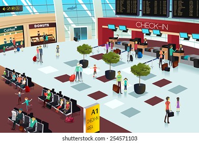 A Vector Illustration Of Inside The Airport Scene