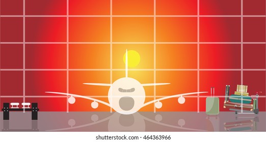 Vector illustration of inside the airport scene on sunset time