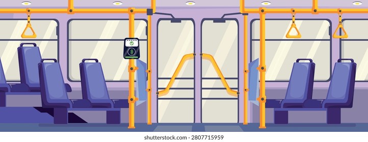 Vector illustration inside comfortable public transport. Cartoon scene inside modern trolleybus, seats for passengers, orange handrails, validator, ticket reader, check mark, large windows, doors.