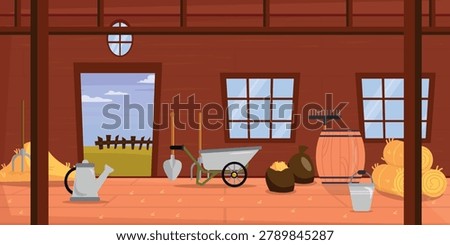 Vector illustration of the inside of a farm building.Cartoon scene barn with haystacks, sacks, pitchforks, wheelbarrow, shovel, rake, watering can, barrel, bucket, windows, open door, lawn, fence,sky. Stock foto © 