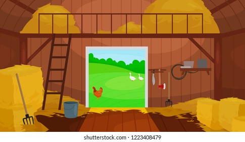 Vector illustration of  Inside Old wooden barn with haystacks. Tools for shed