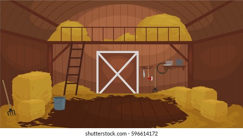 Vector illustration of  Inside Old wooden barn with haystacks. Tools for shed