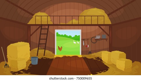 Vector illustration of  Inside Old wooden barn with haystacks. Tools for shed