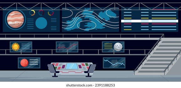 Vektorgrafik in einem Raumschiff. Cartoon-Szene eines Raumschiff-Innenraums mit verschiedenen Bildschirmen, die Graphen, Forschung, Messungen, Planeten des Sonnensystems, Ausrüstung .