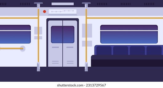 Vector illustration of inside subway train, empty cabin of with automatic doors. Subway public transport for transporting metro passengers in modern style.