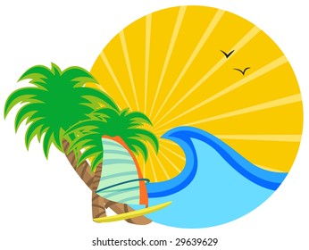 Vector illustration of  insignia with Sunrise on the tropical ocean coast