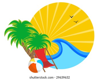 Vector illustration of insignia with Sunrise on the tropical ocean coast