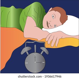 Vector illustration, insomniac man, lying on the cam with his eyes open.