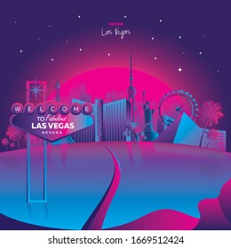 Vector illustration inspired by 80s disco music, 3d background, neon, Las Vegas, Nevada at sunset, poster, banner, tourism. Vector illustration