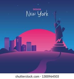 Vector illustration, inspired by disco 80s music, 3d background, neon light, statue of liberty on sunset background in USA.