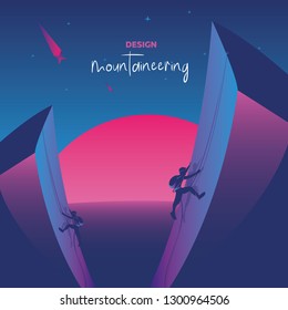 Vector illustration, inspired by disco 80s music, 3d background, neon light, mountaineering, top of a mountain at sunset.
