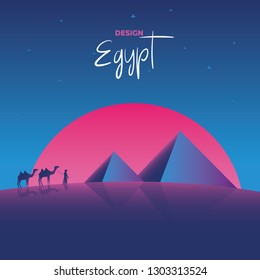 Vector illustration, inspired by the disco music of the 80s, 3d background, neon, Egyptian with camels go to the pyramids