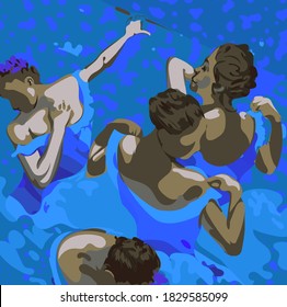 Vector illustration inspired by the painting of Edgar Degas -  Blue dancers.Dancing girls on an abstract background.
