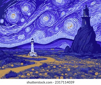 Vektorgrafik inspiriert von dem Gemälde von Vincent Van Gogh - Moonlit Night.Glühender Mond und abstrakter Himmel.Leuchtturm auf dem Feld.Impressionistische Fantasie