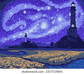 Vector illustration inspired by the painting of Vincent Van Gogh - Moonlit Night.Glowing moon and starry sky abstract background.Lighthouse in the field.Impressionistic fantasy