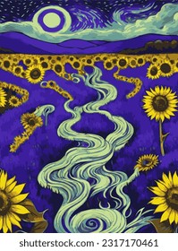 Vector illustration inspired by the painting of Vincent Van Gogh - Moonlit Night.Glowing moon and sunflowers abstract fantasy.