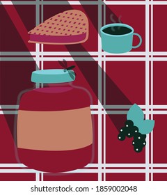 Ilustración vectorial inspirada en pasar tiempo en dacha en verano. Contiene frasco de mermelada, tarta de cereza, café, curry negro