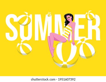Ilustración vectorial inspirada en el verano, con la palabra verano en blanco sobre fondo amarillo, algunas bolas de playa y una mujer hermosa, con pelo negro, en una tarjeta de traje de baño amarillo con rayas blancas.