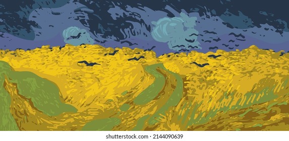 Vector illustration inspired by a Van Gogh painting. Landscape with a field of rye, overcast sky and varnas