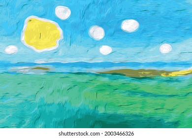 Vector illustration inspired by Vincent Van Gogh’s 'Moonlit Night,' featuring a glowing moon and starry sky. Captures the abstract, swirling beauty of Van Gogh’s iconic style in a modern vector format