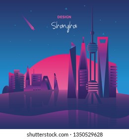 Vector illustration, inspired disco music of the 80s, 3d background, neon, Shanghai, China at sunset, tourism, journey. Vector illustration